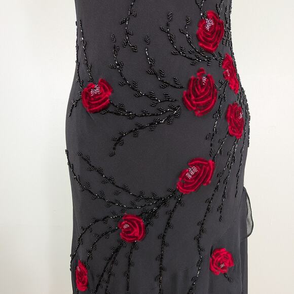 Vintage Sue Wong Maxi Dress Gown 6 Black Red Y2K Fairy Goth Silk Floral Velvet - Picture 8 of 16